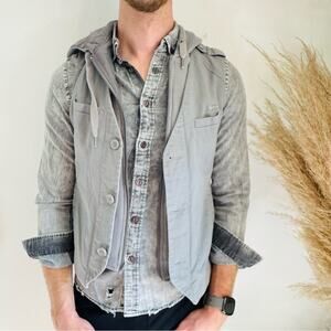 MENS GUESS Light Grey Jeans Wash Ribbed Knit Hood Hoodie Button Zip Work Vest S